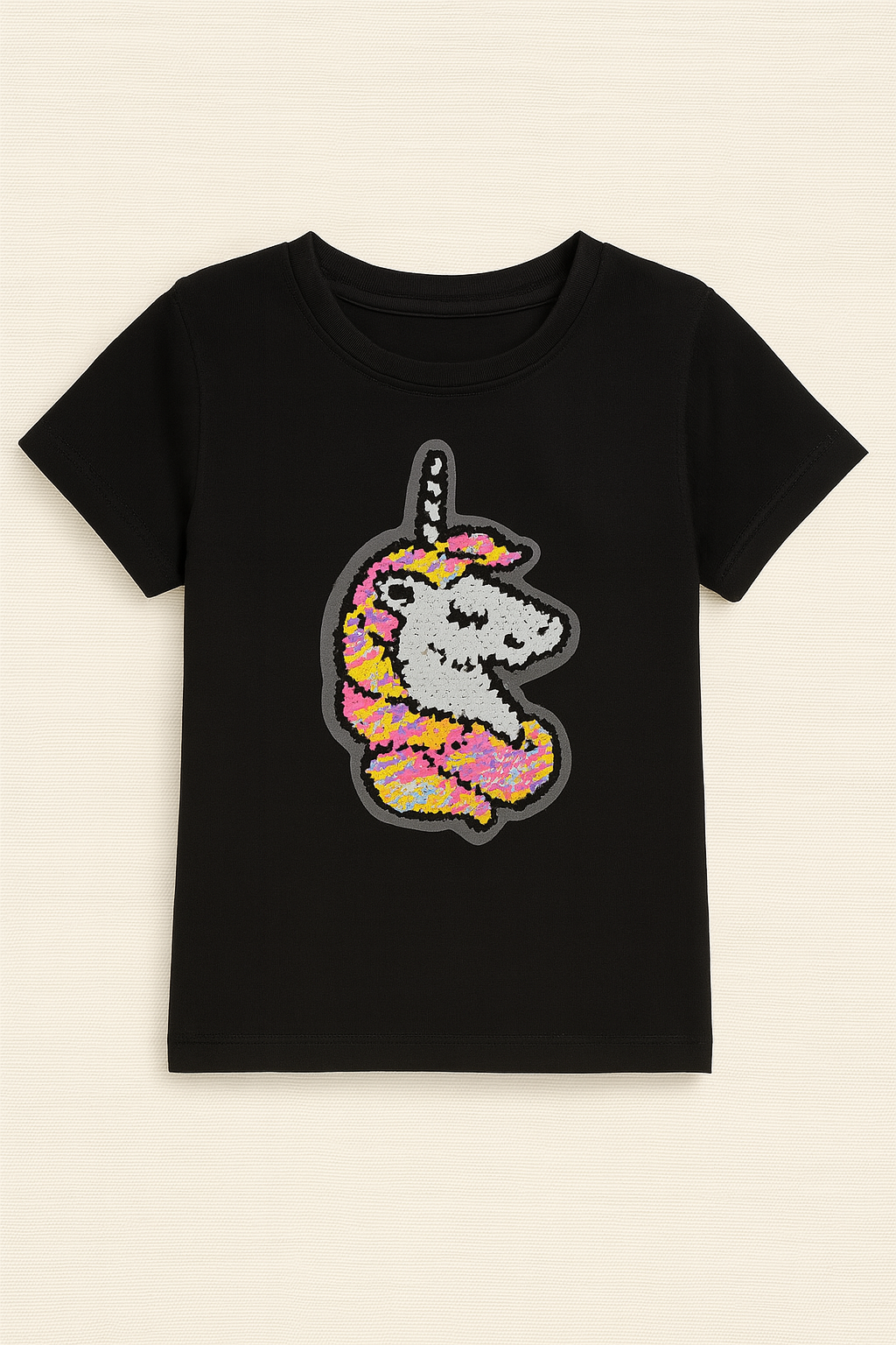 Black unicorn with Sequin Patch kids summer t-shirt