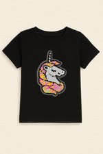 Black unicorn with Sequin Patch kids summer t-shirt