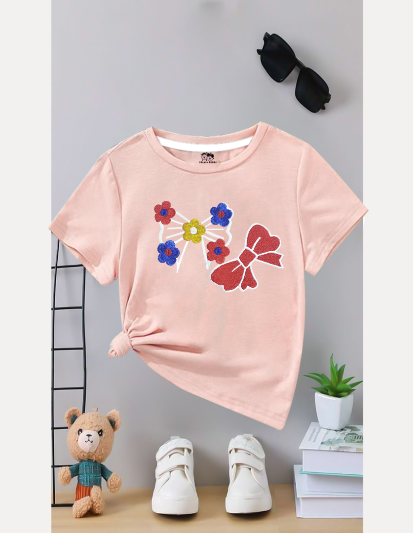 Embroidered Blush Blossom Bow girl kids summer T-shirt