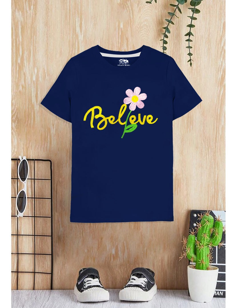 Navy Blue Believe Embroidered girl kids summer T-shirt