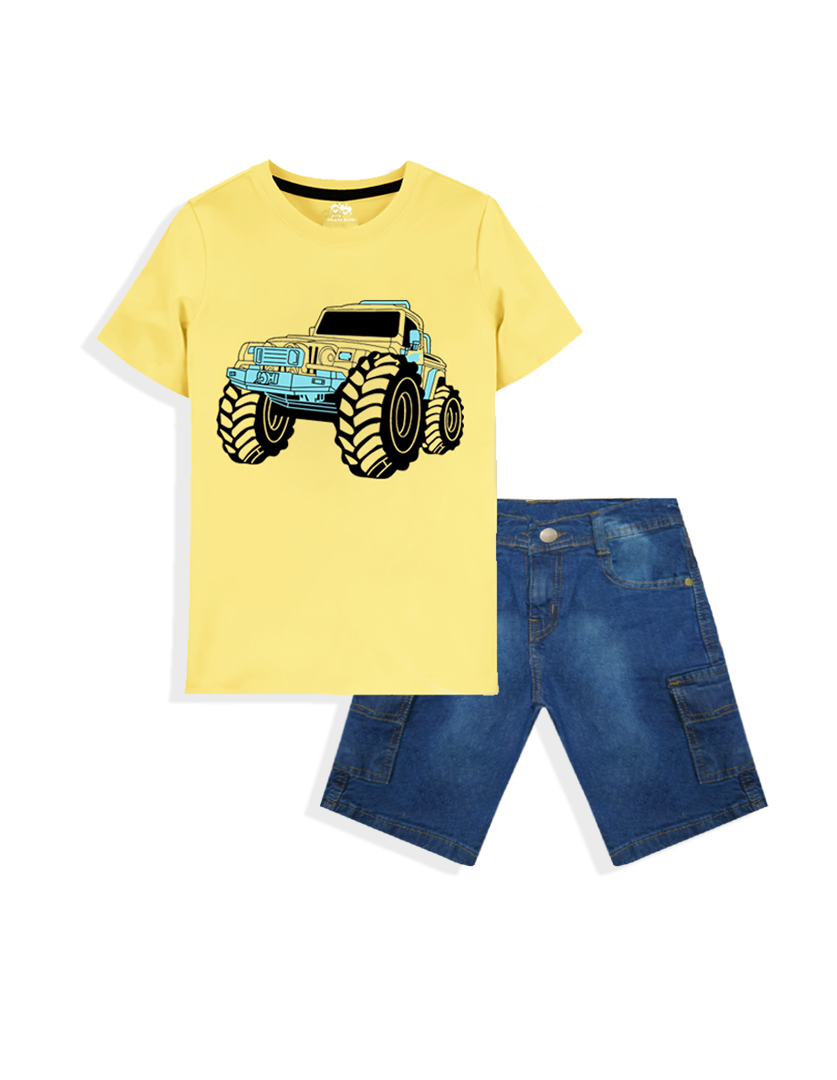 Yellow jeep summer T-shirt & denim short set