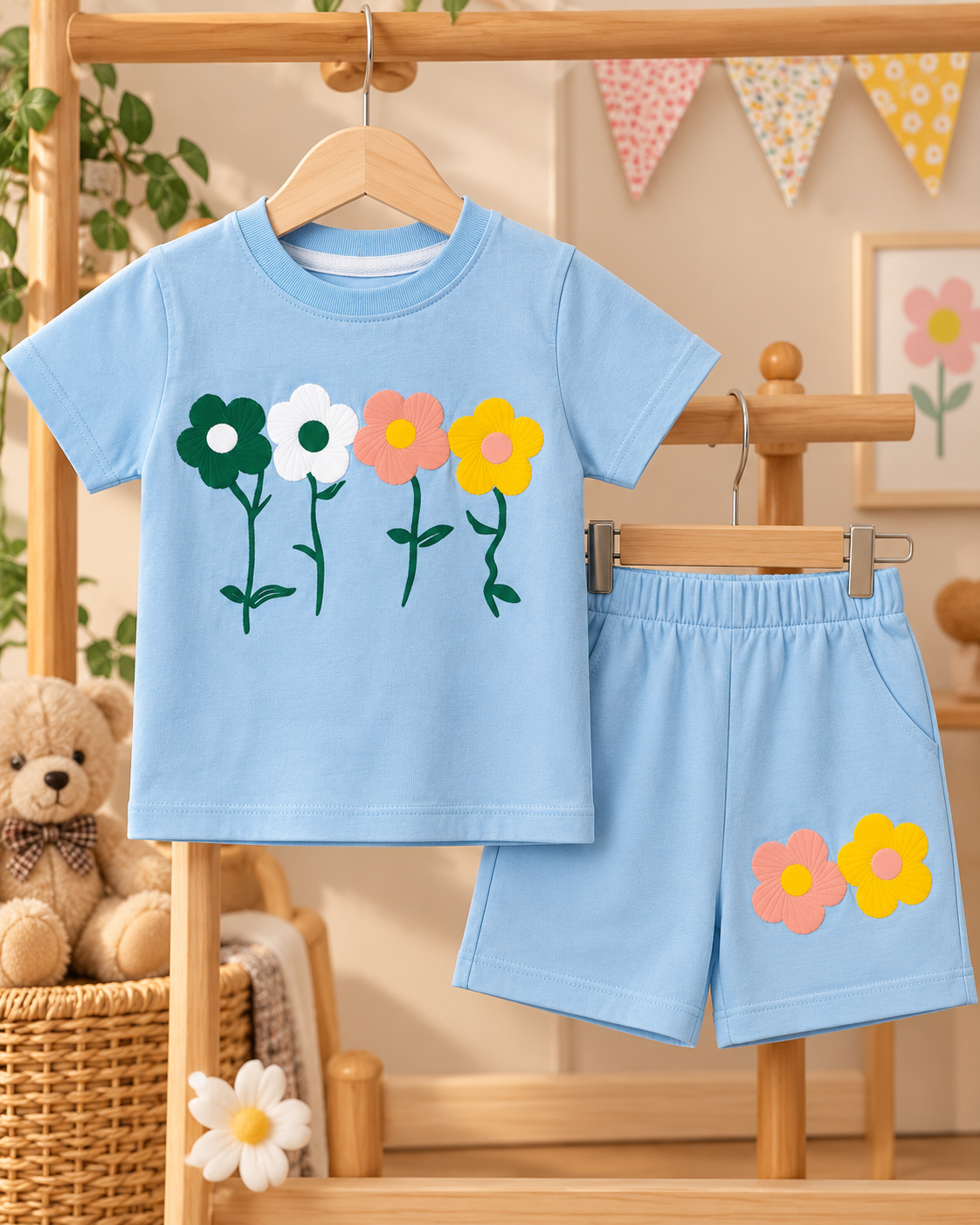 Bloom puff Printed flower girlish summer T-shirt & short