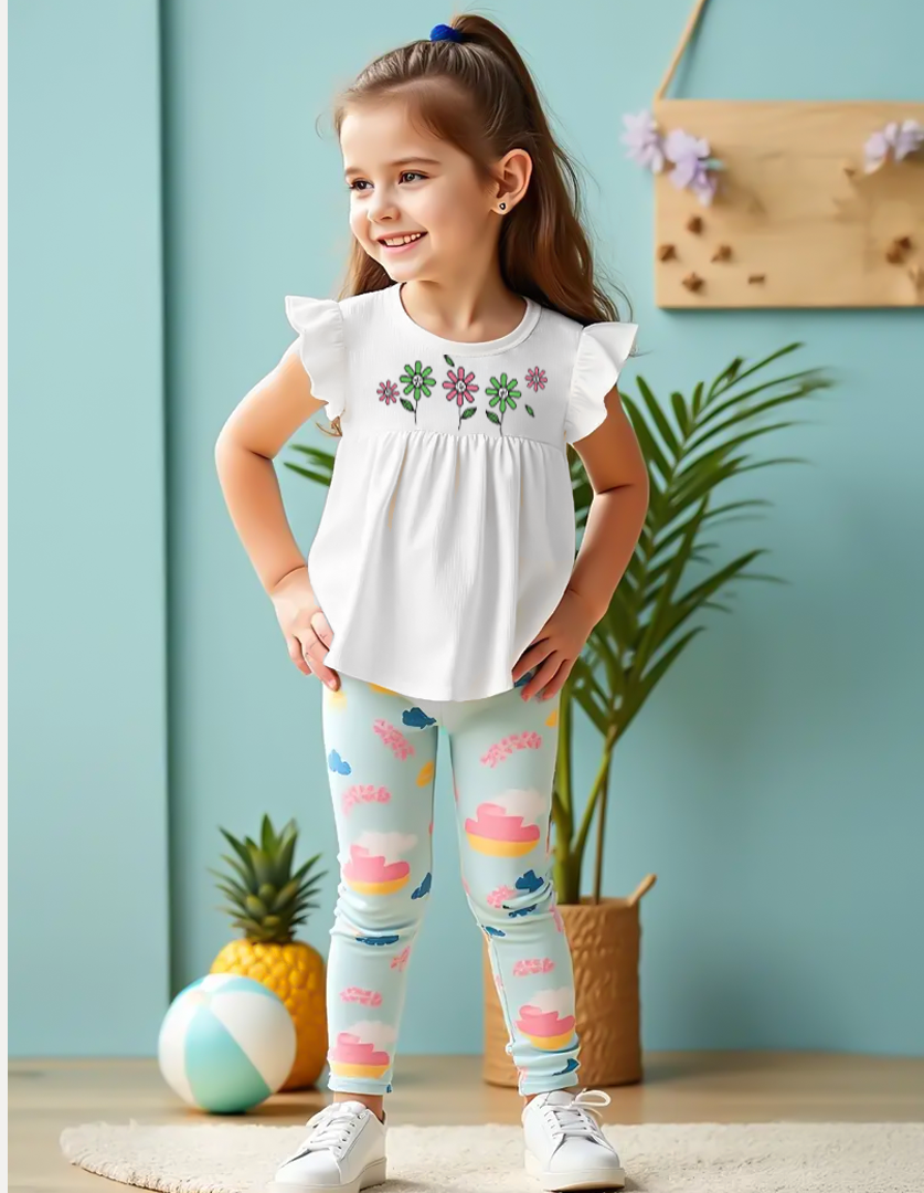 Girls with Floral and Leaf Multi-Layer Design Printed Flying Sleeve Top