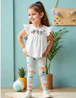 Girls with Floral and Leaf Multi-Layer Design Printed Flying Sleeve Top