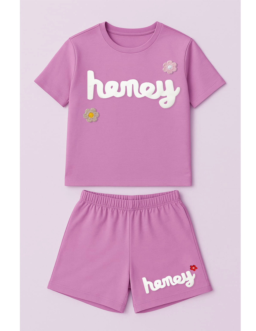Pink honey with crochet flowers summer T-shirt & short