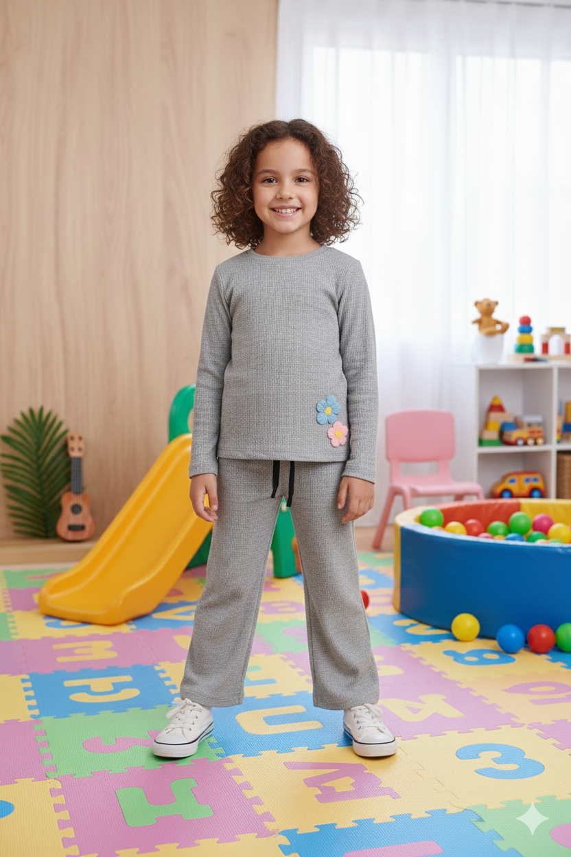 Grey Flowers girls thermal shirt & trouser