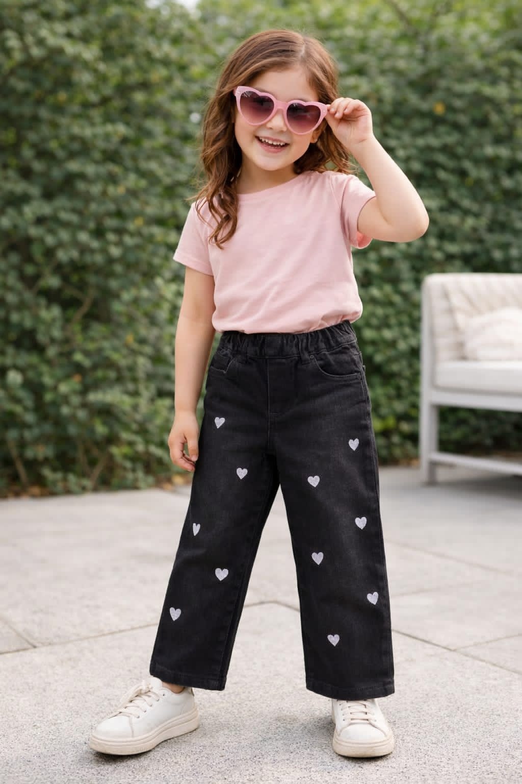 Black Hearts Embroidered Kids Girls Pant