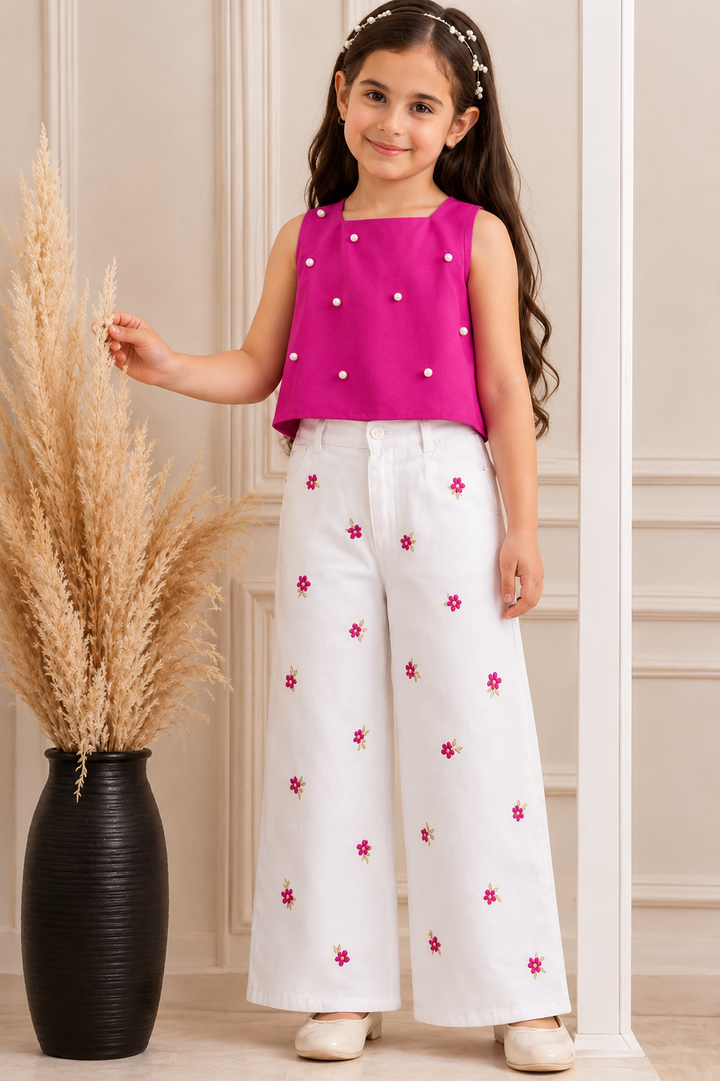 Pearl Bloom Garden Outfit Top with Embroidered Pent