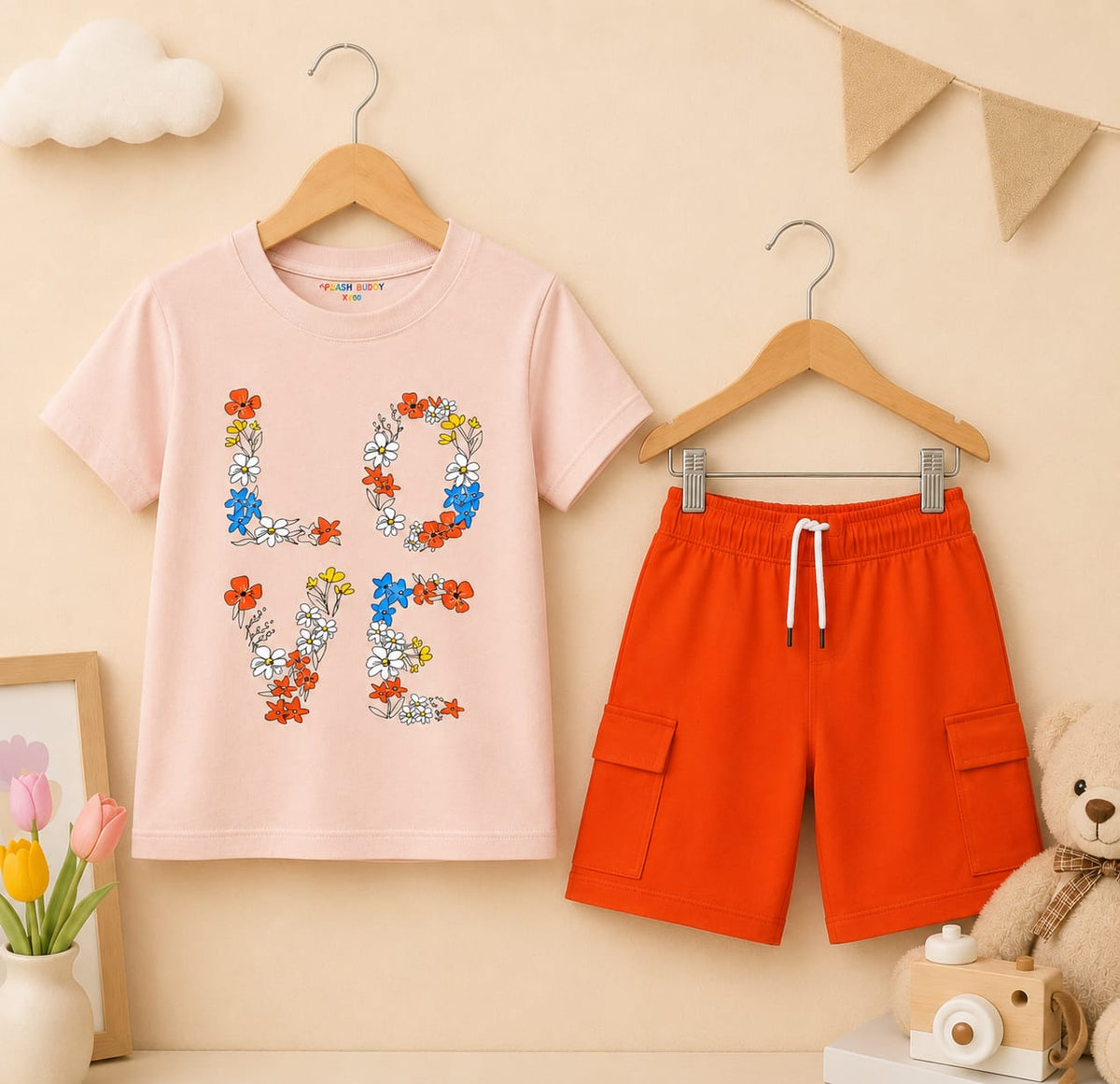 Orange love Shirt with Cargo pocket short